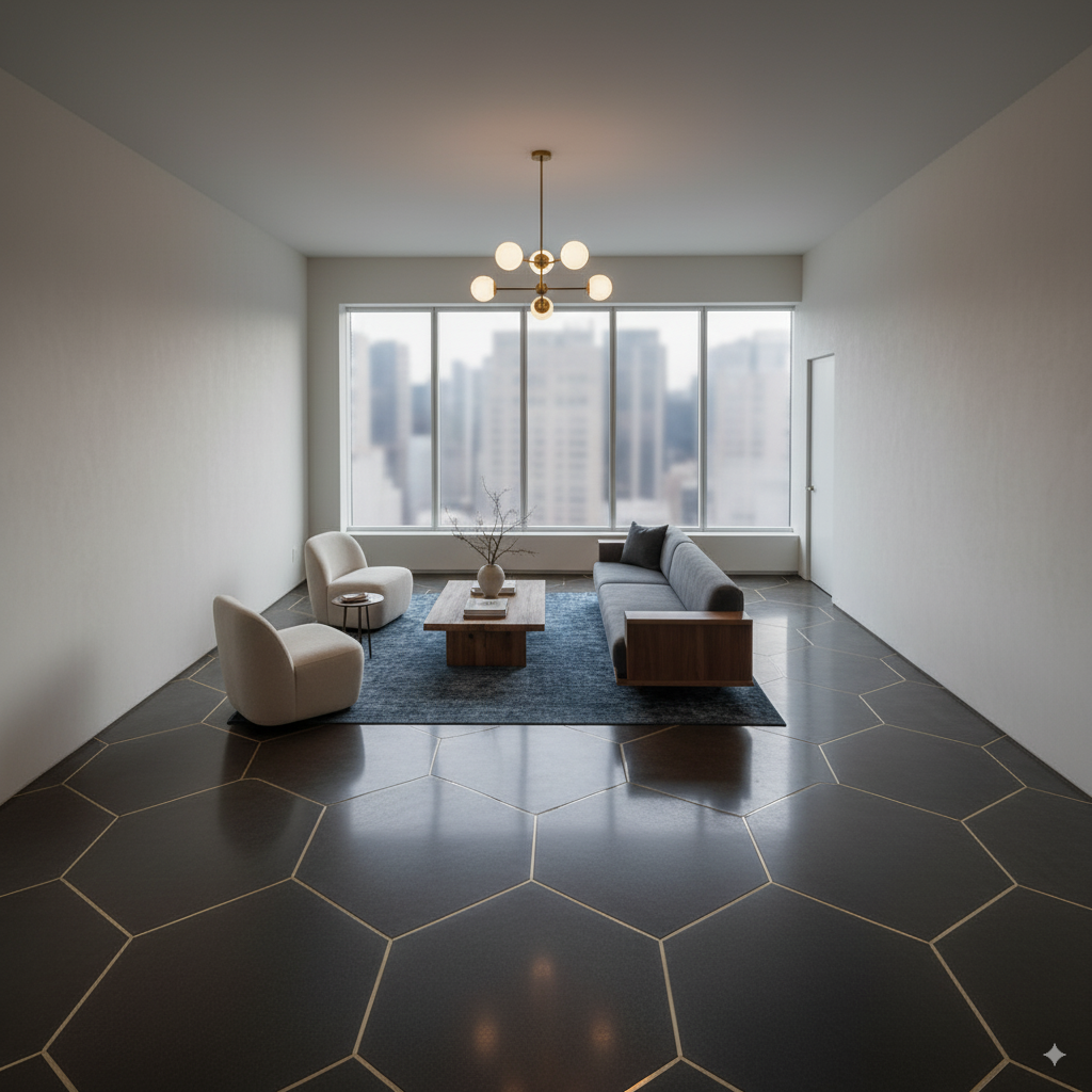 A modern living room with a custom-built feature wall and integrated shelving.